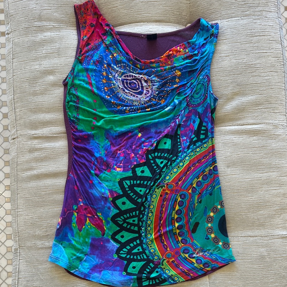 Desigual Colorful Women's Sleeveless Asymmetrical Top Size M
